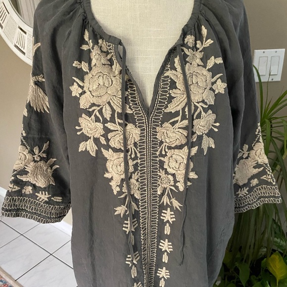 Johnny Was XL Dress Embroidered Linen Half Sleeve V-Neck Tie Pockets NO TAG - Picture 2 of 15